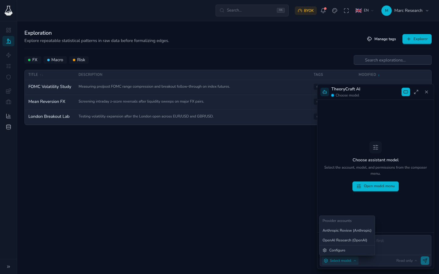 TheoryCraft AI Assistant panel with provider selection, permissions, and a research prompt
