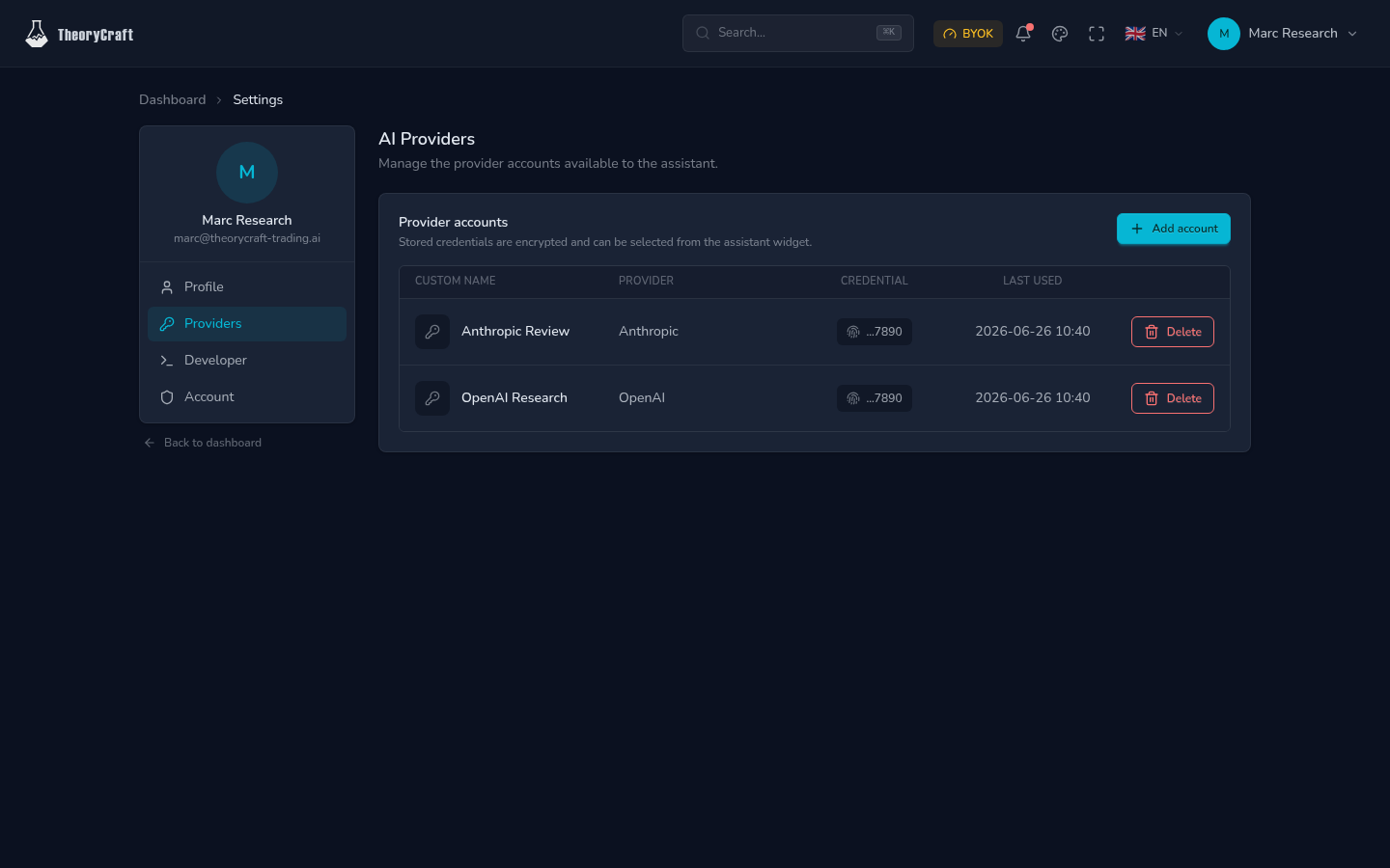 TheoryCraft AI provider settings with saved provider accounts and masked credentials