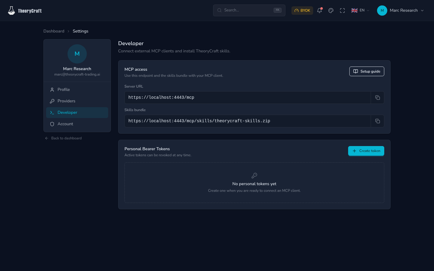 TheoryCraft Developer settings with MCP endpoint, skills bundle, and personal access tokens