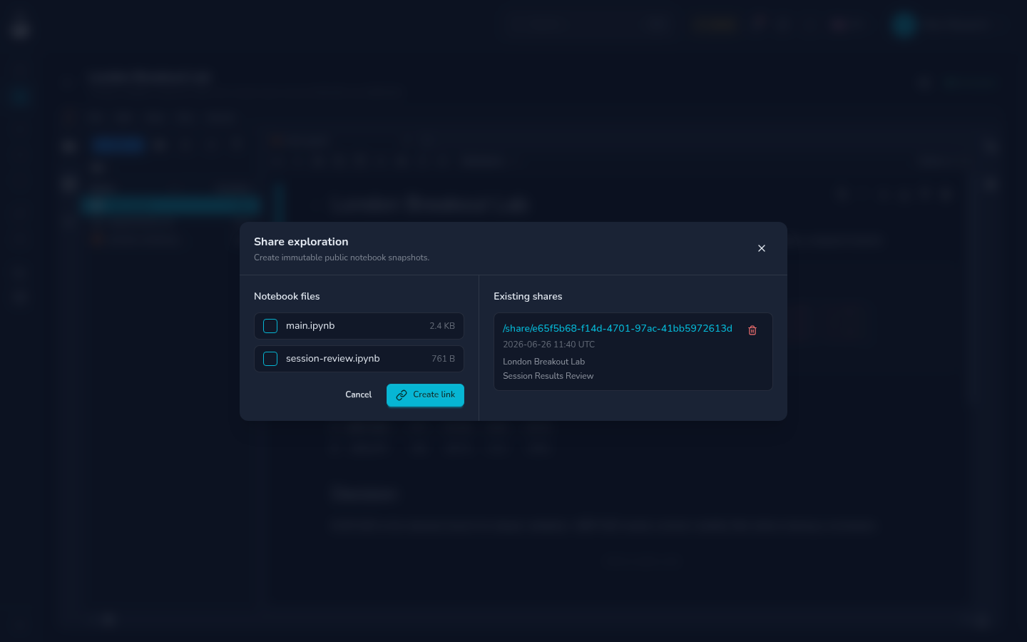 TheoryCraft share modal with selectable notebook files and existing public shares